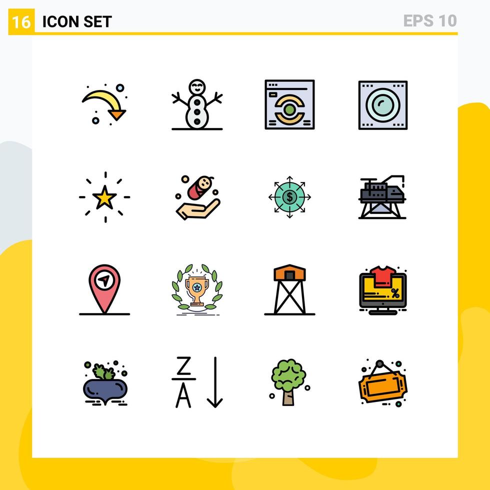 grupo de 16 líneas rellenas de color plano, signos y símbolos para el rendimiento infantil, actualización de la tecnología favorita, elementos de diseño de vectores creativos editables