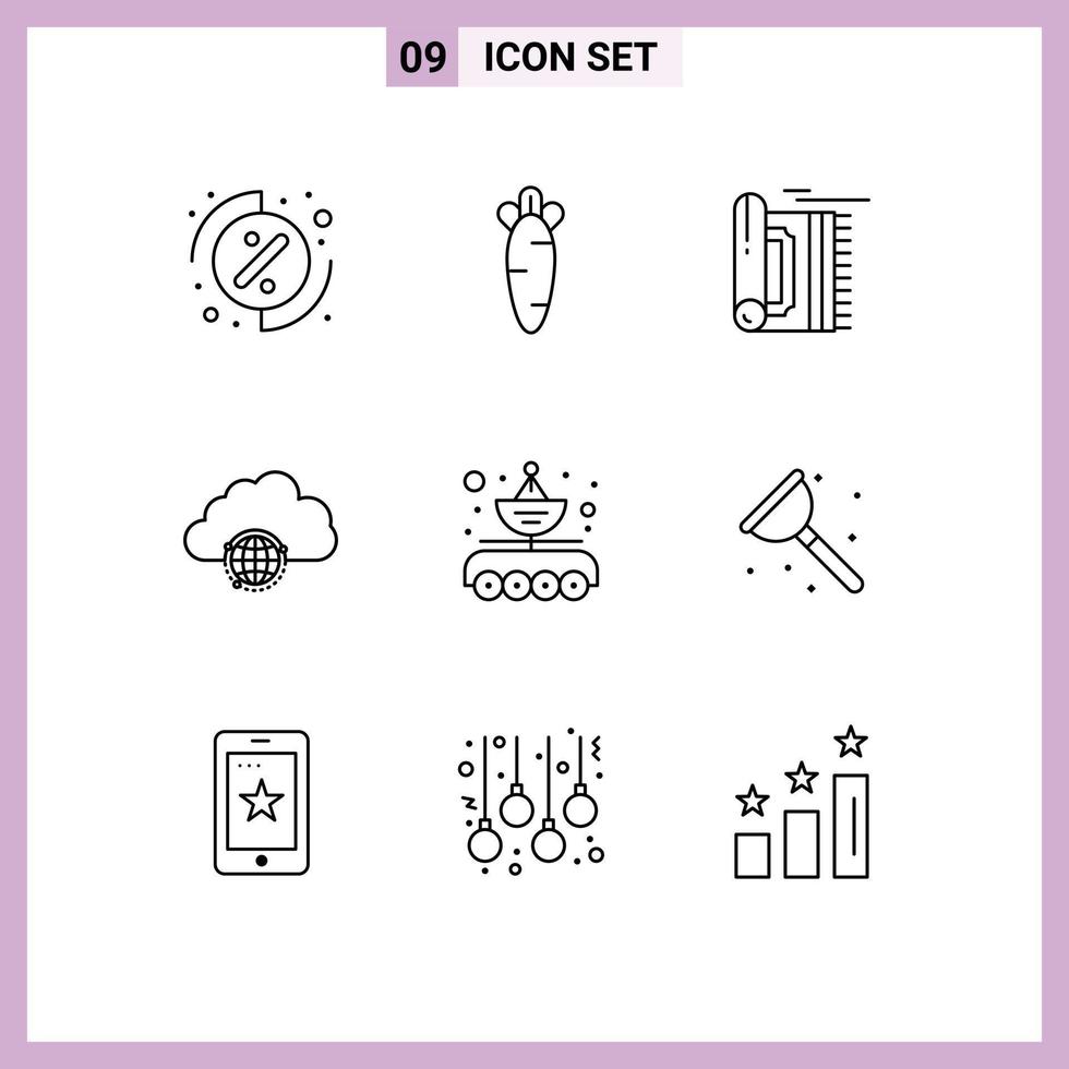 Outline Pack of 9 Universal Symbols of antenna hub praying globe network Editable Vector Design Elements
