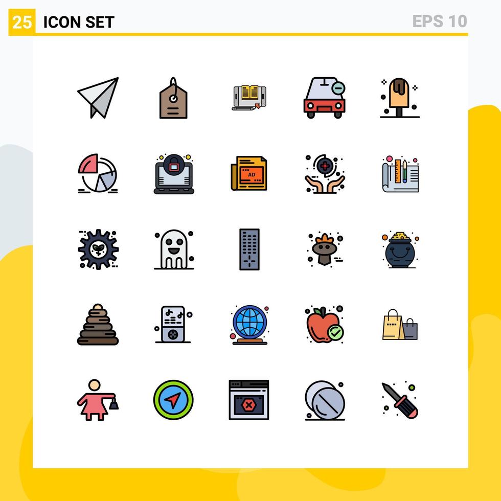 paquete de 25 modernos signos y símbolos de colores planos de línea rellena para medios de impresión web, como vehículos de tabletas heladas, elementos de diseño de vectores menos editables