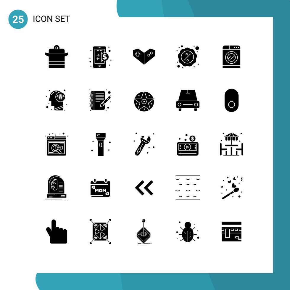 Pack of 25 Modern Solid Glyphs Signs and Symbols for Web Print Media such as machine holding internet cyber discount Editable Vector Design Elements