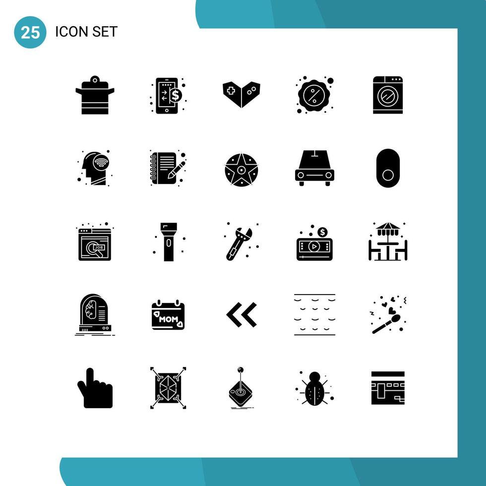 paquete de 25 signos y símbolos de glifos sólidos modernos para medios de impresión web, como máquinas que contienen elementos de diseño de vectores editables de descuento cibernético en Internet