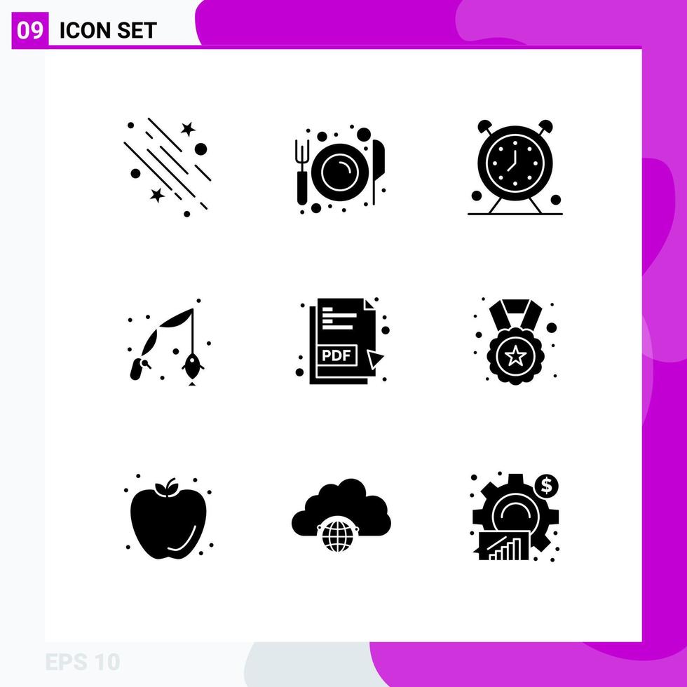 9 User Interface Solid Glyph Pack of modern Signs and Symbols of hobbies fish plate timer schedule Editable Vector Design Elements