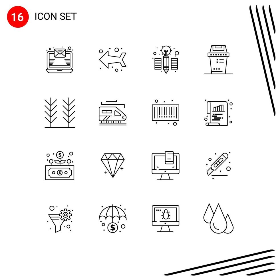 Group of 16 Outlines Signs and Symbols for transport wheat pencil food trash Editable Vector Design Elements