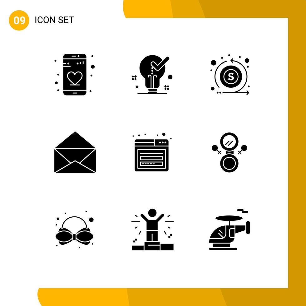 Universal Icon Symbols Group of 9 Modern Solid Glyphs of page account cash open message Editable Vector Design Elements
