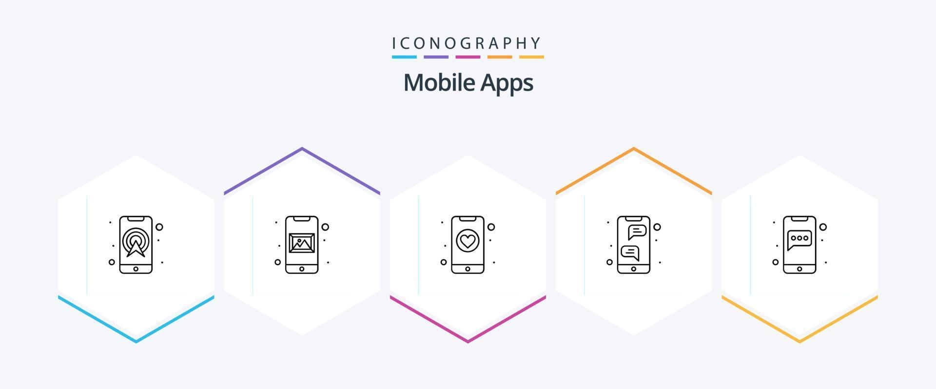 Mobile Apps 25 Line icon pack including app. chat. mobile. bubble. heart vector