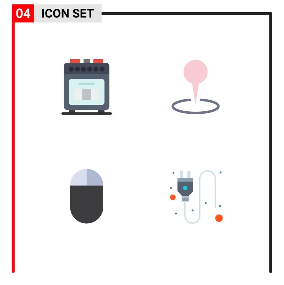 conjunto moderno de 4 iconos y símbolos planos, como elementos de diseño de vectores editables de enchufe de marcador de cocina de ratón de aparato