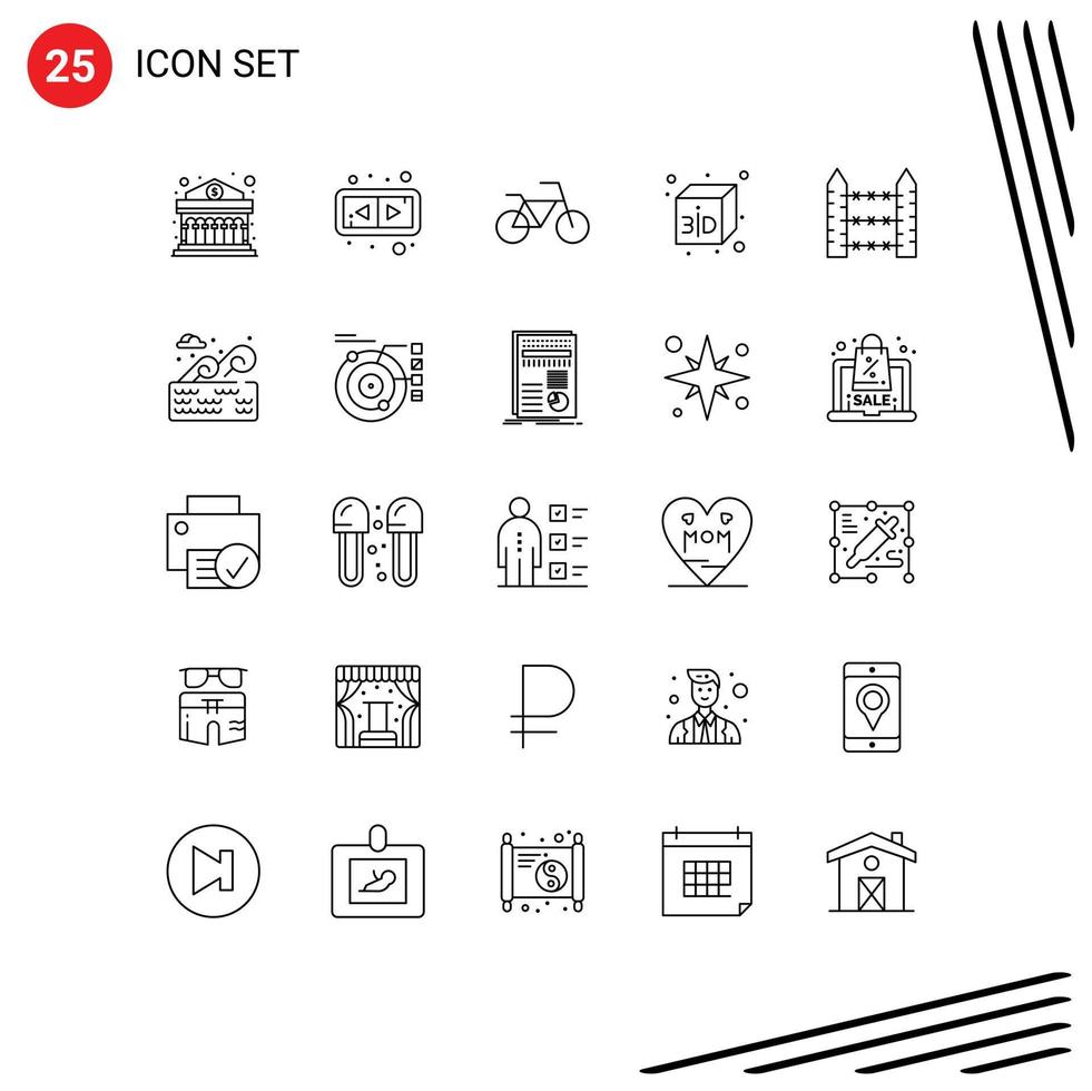 Mobile Interface Line Set of 25 Pictograms of water park wire vehicles signaling protection Editable Vector Design Elements