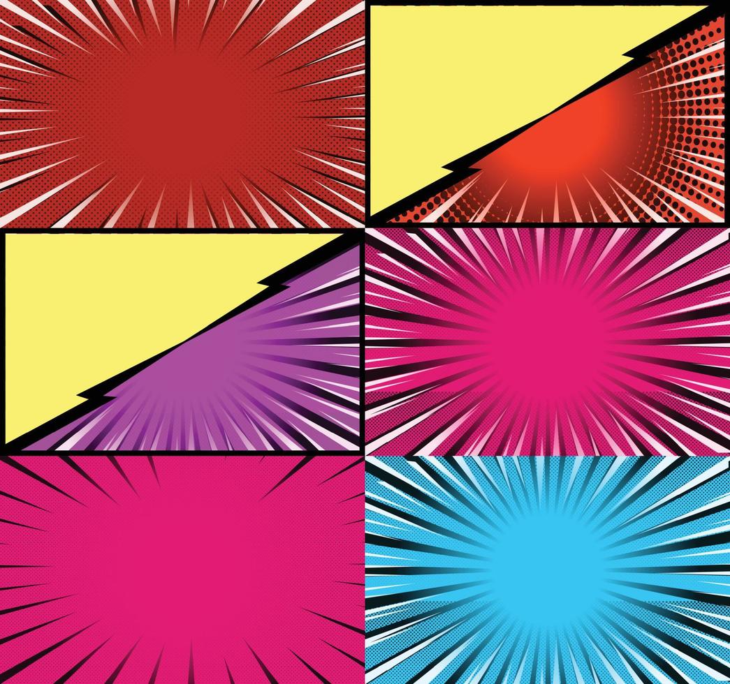 Comic book colorful frames background with halftone rays radial and dotted effects pop art style vector