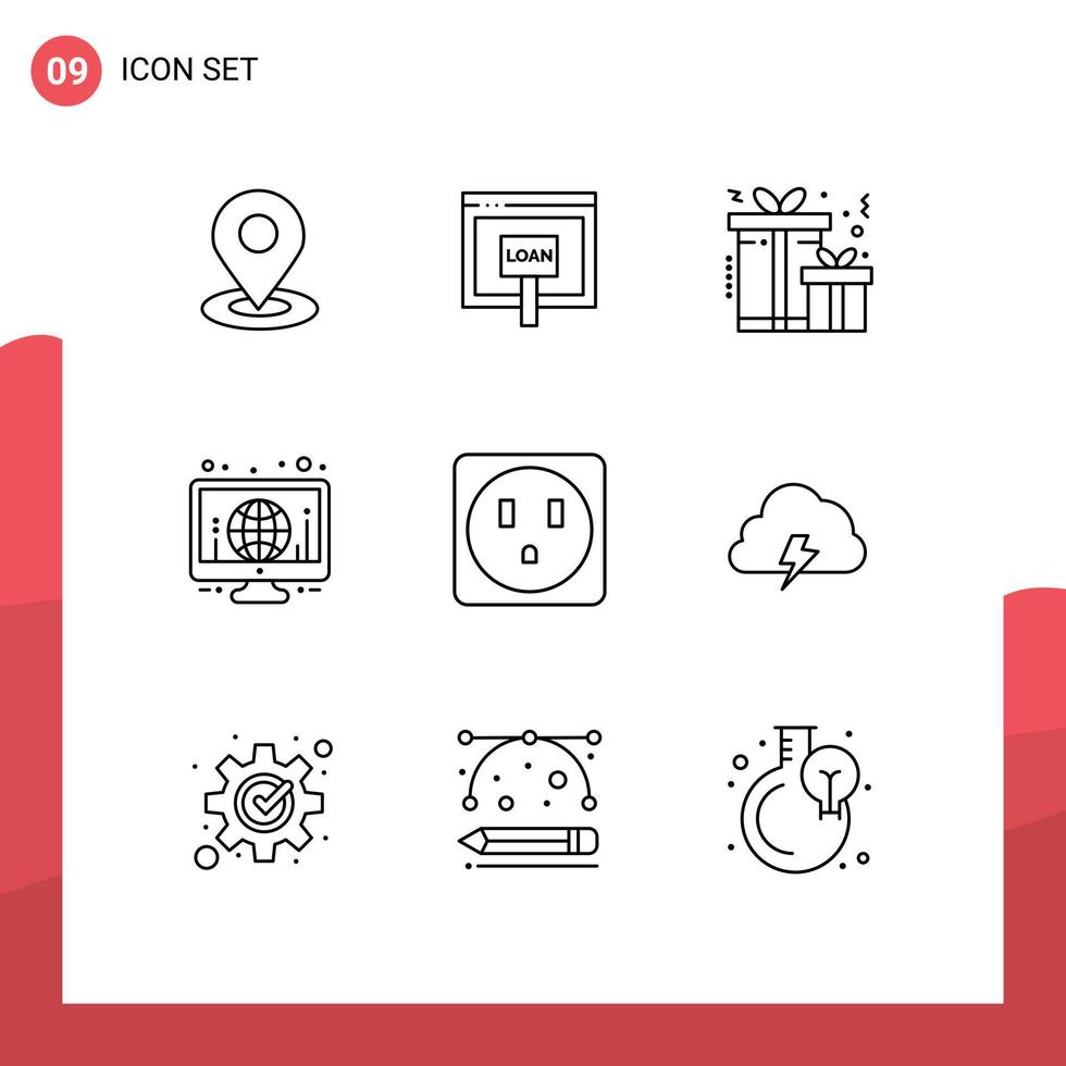 Pack of 9 Modern Outlines Signs and Symbols for Web Print Media such as socket world online screen globe Editable Vector Design Elements