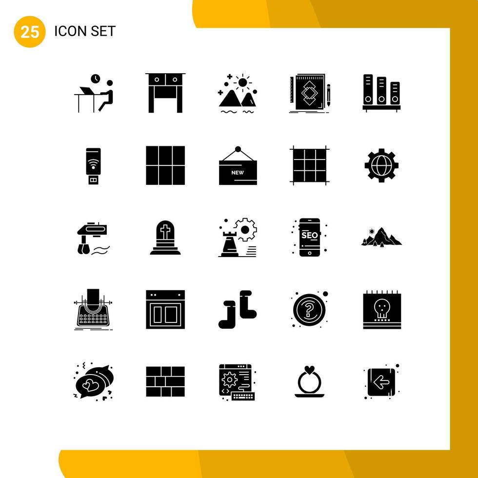 Set of 25 Vector Solid Glyphs on Grid for development identity landscape tool summer Editable Vector Design Elements