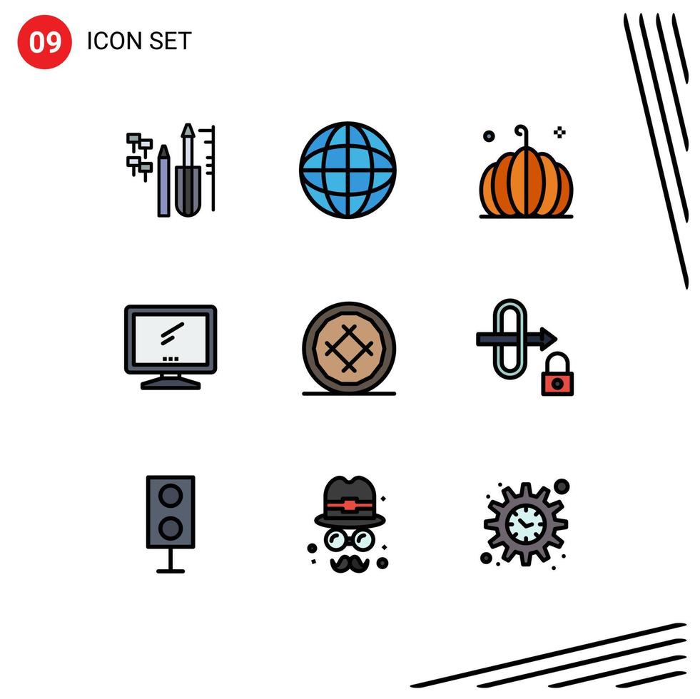 Pack of 9 creative Filledline Flat Colors of cake pc pumpkin imac monitor Editable Vector Design Elements