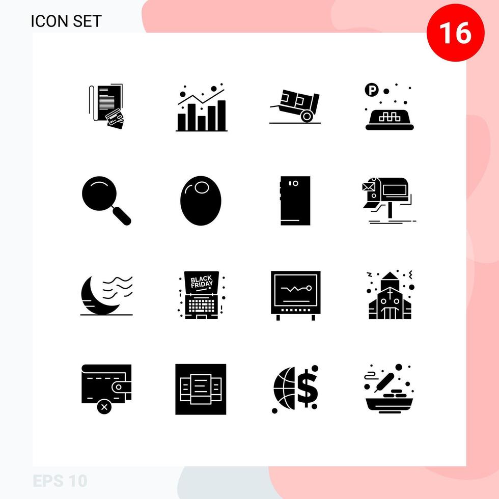 16 Thematic Vector Solid Glyphs and Editable Symbols of magnifier traffic statistics taxi shipping Editable Vector Design Elements