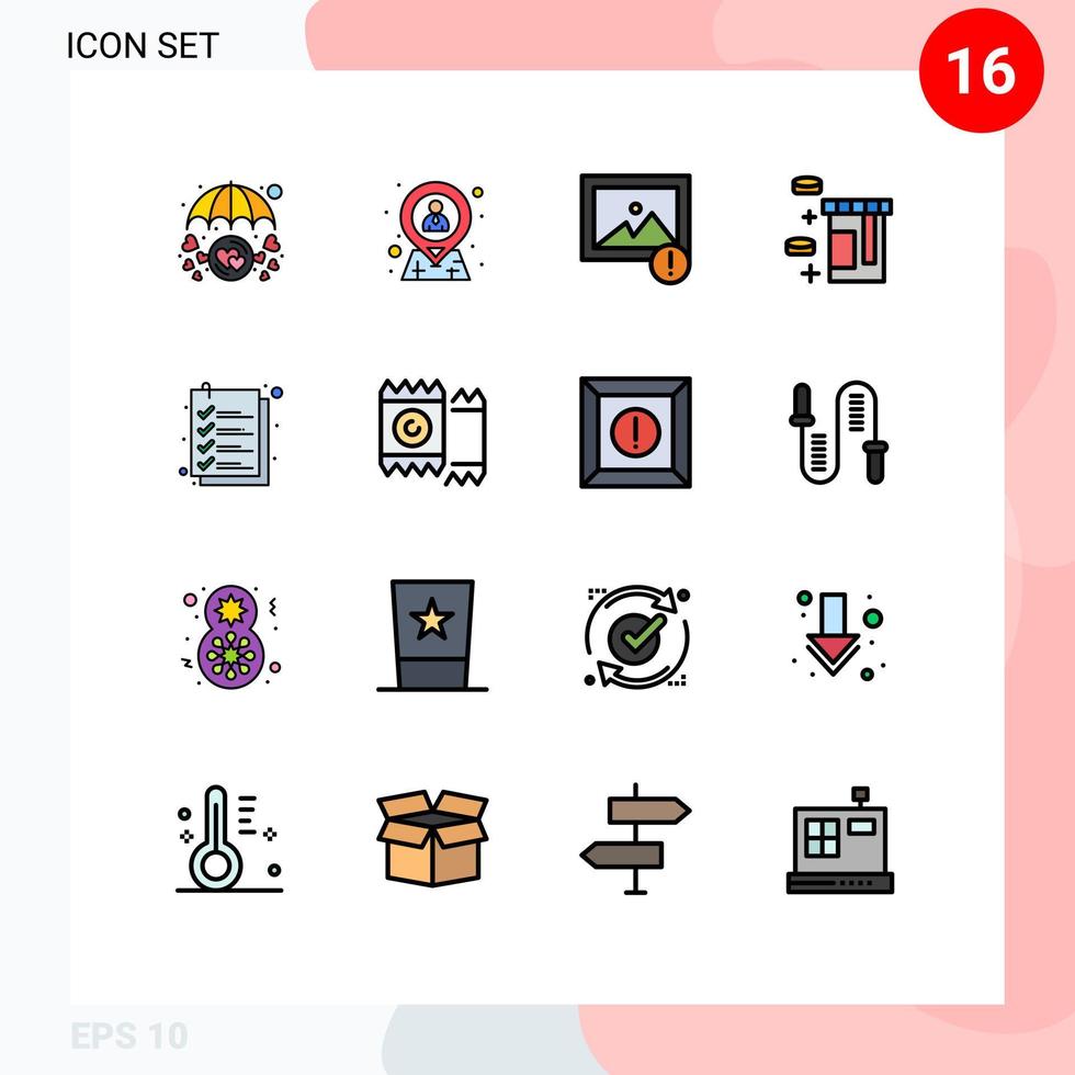 Universal Icon Symbols Group of 16 Modern Flat Color Filled Lines of checkout healthcare location bottle photo Editable Creative Vector Design Elements