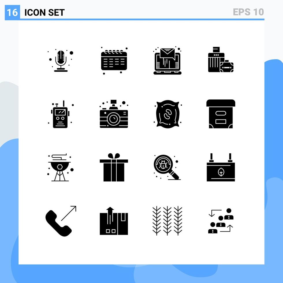 Pack of 16 Modern Solid Glyphs Signs and Symbols for Web Print Media such as walkie talkie police radio letter hotel bag Editable Vector Design Elements