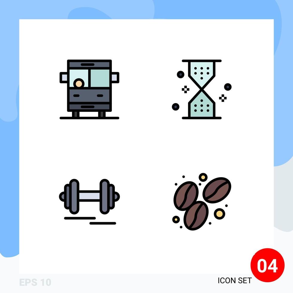 4 interfaz de usuario línea de relleno paquete de color plano de signos y símbolos modernos de autobús dumbbell autobús escolar temporizador deporte elementos de diseño vectorial editables vector