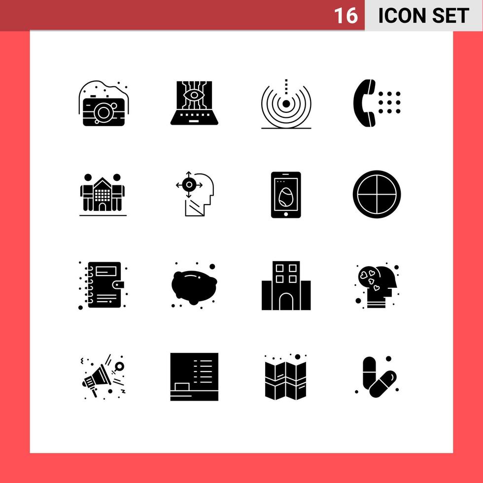 grupo de 16 glifos sólidos modernos establecidos para aplicaciones de tecnología de llamadas telefónicas señalan elementos de diseño de vectores editables