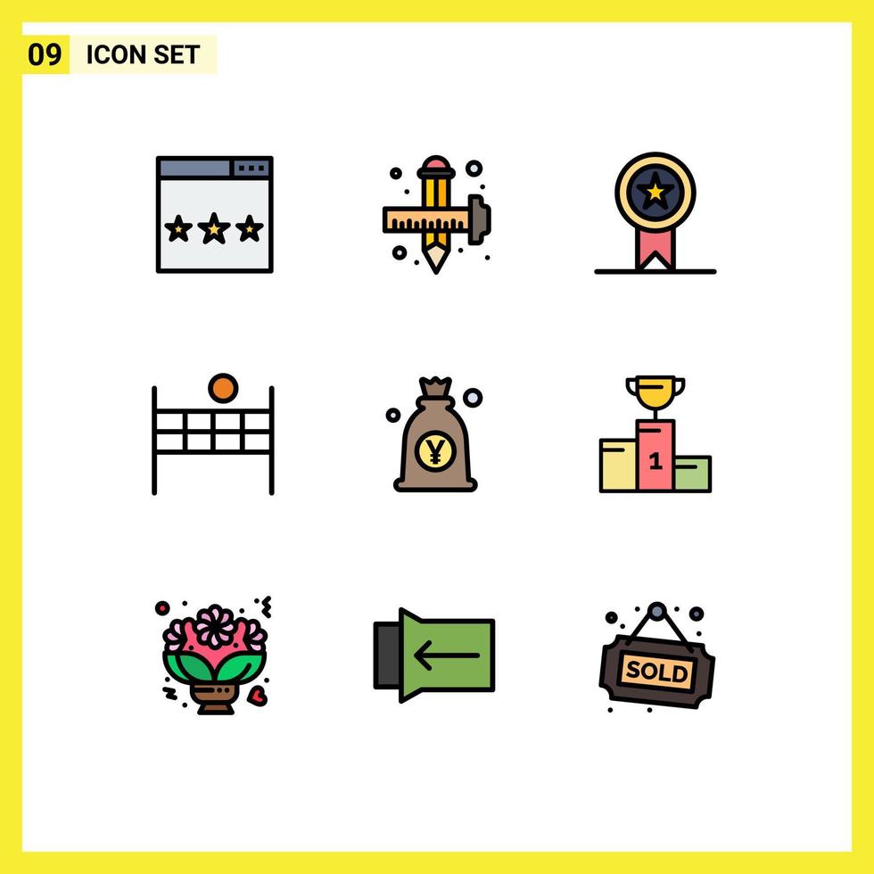 9 User Interface Filledline Flat Color Pack of modern Signs and Symbols of yen sport drawing ball ribbon Editable Vector Design Elements