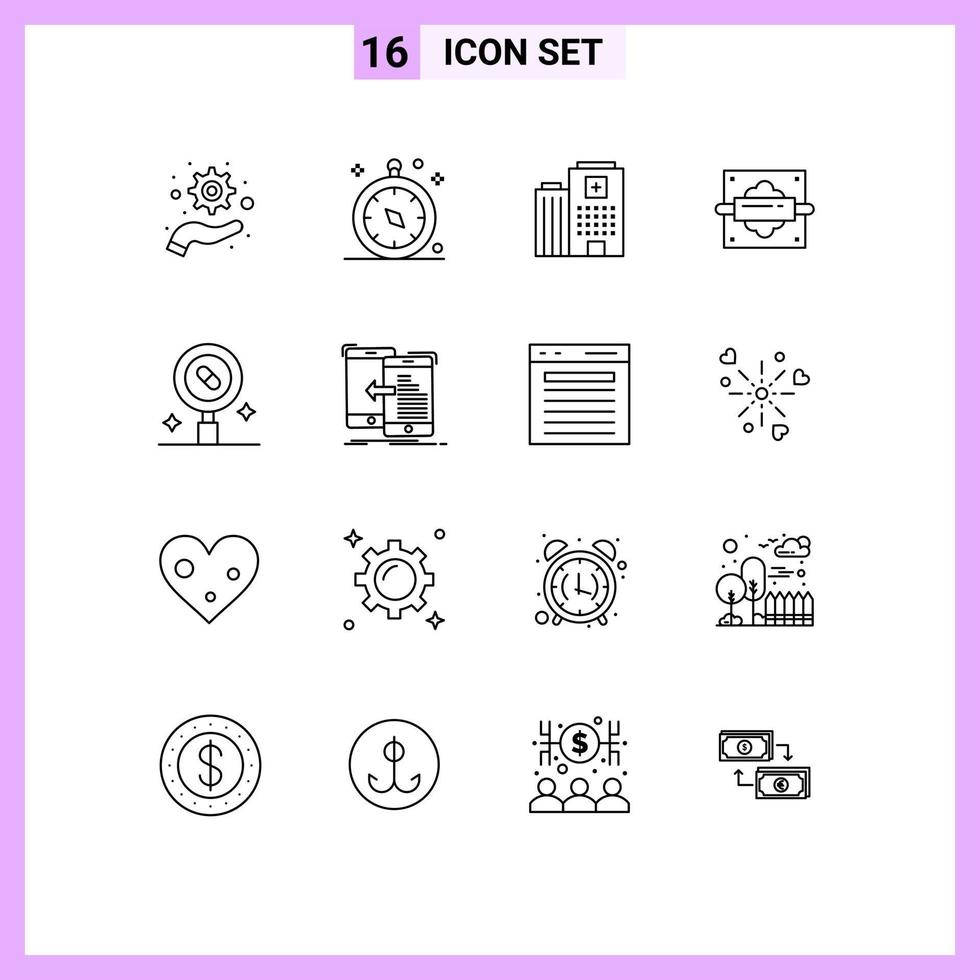 16 User Interface Outline Pack of modern Signs and Symbols of medical research madical kitchen pin Editable Vector Design Elements
