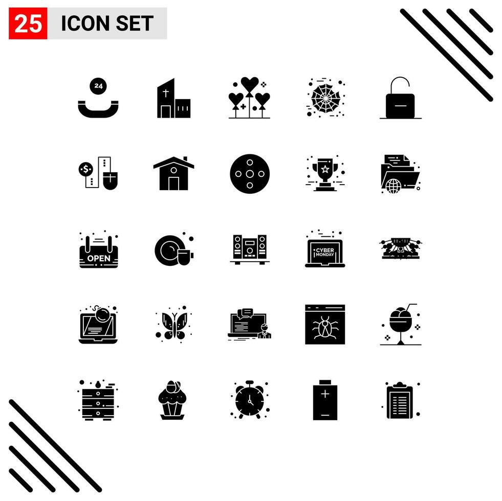 Editable Vector Line Pack of 25 Simple Solid Glyphs of safety lock balloon web halloween Editable Vector Design Elements