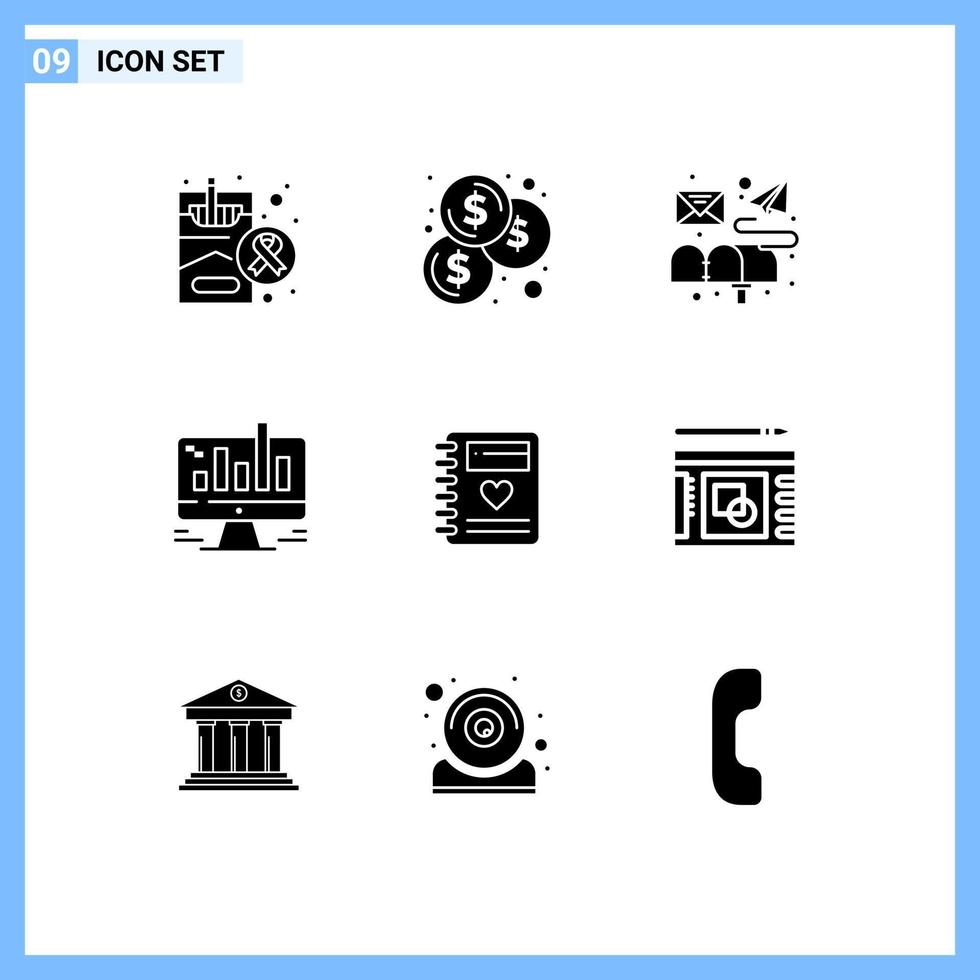 símbolos de iconos universales grupo de 9 glifos sólidos modernos de amor gráfico de correo electrónico web elementos de diseño vectorial editables vector