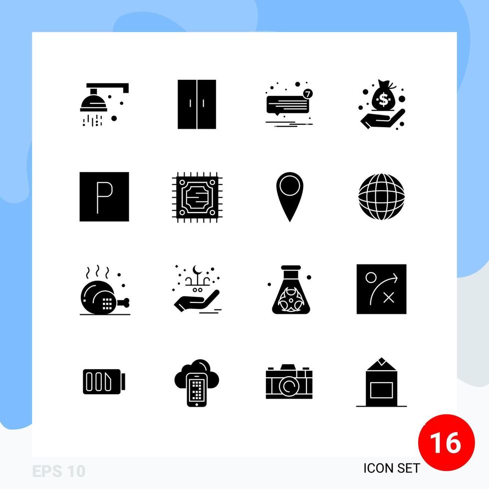 Editable Vector Line Pack of 16 Simple Solid Glyphs of park hand chat finance unread Editable Vector Design Elements