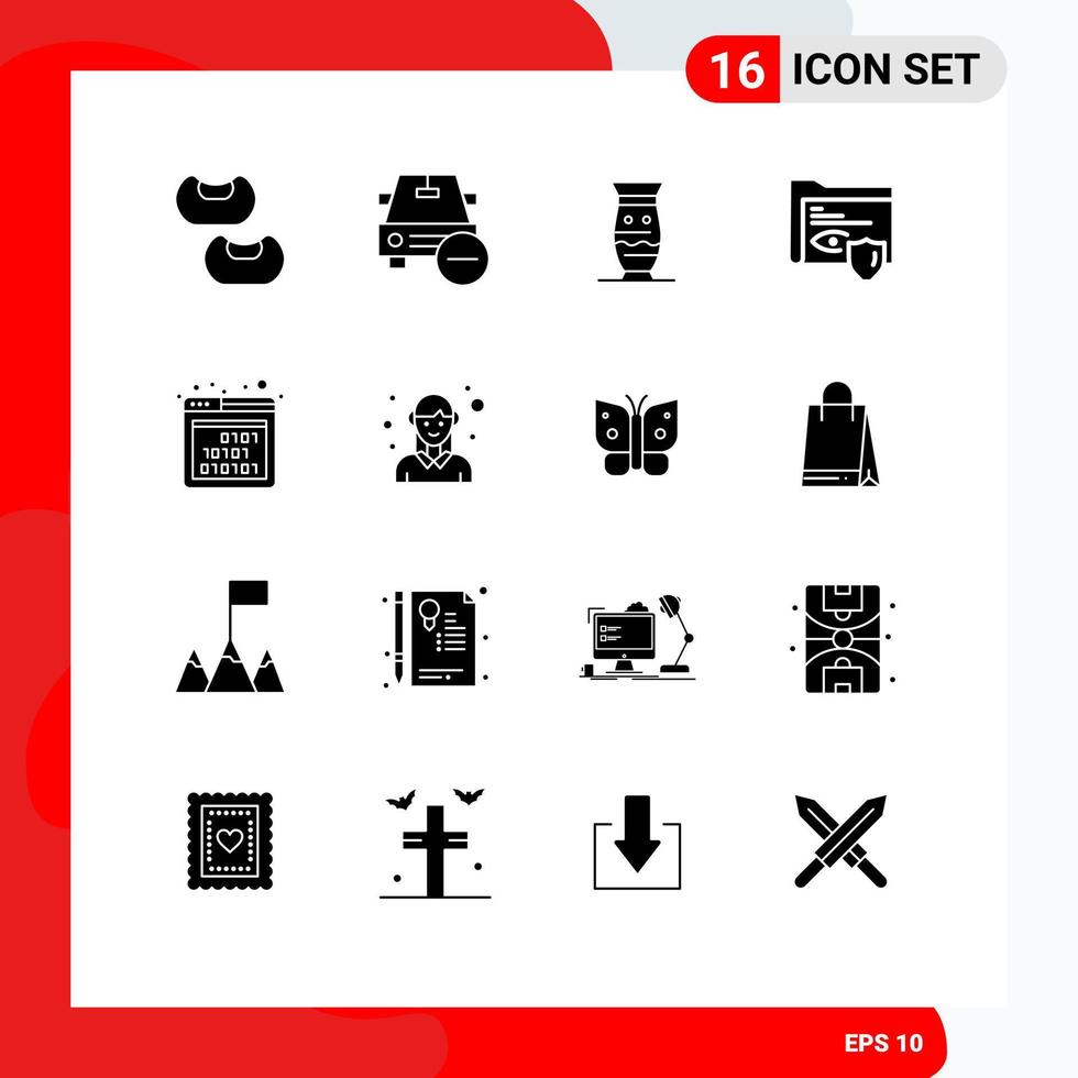 16 User Interface Solid Glyph Pack of modern Signs and Symbols of binary security culture folder pottery Editable Vector Design Elements