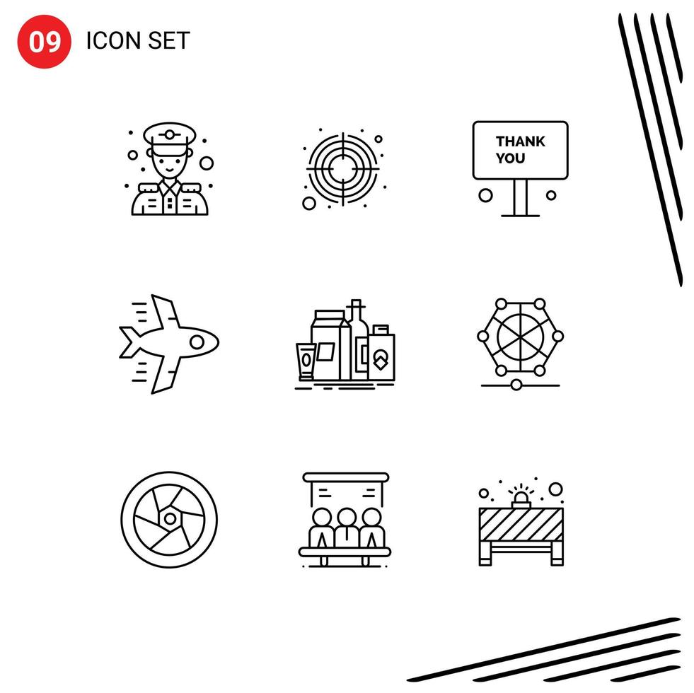 Outline Pack of 9 Universal Symbols of marketing packaging sign plane airplane Editable Vector Design Elements