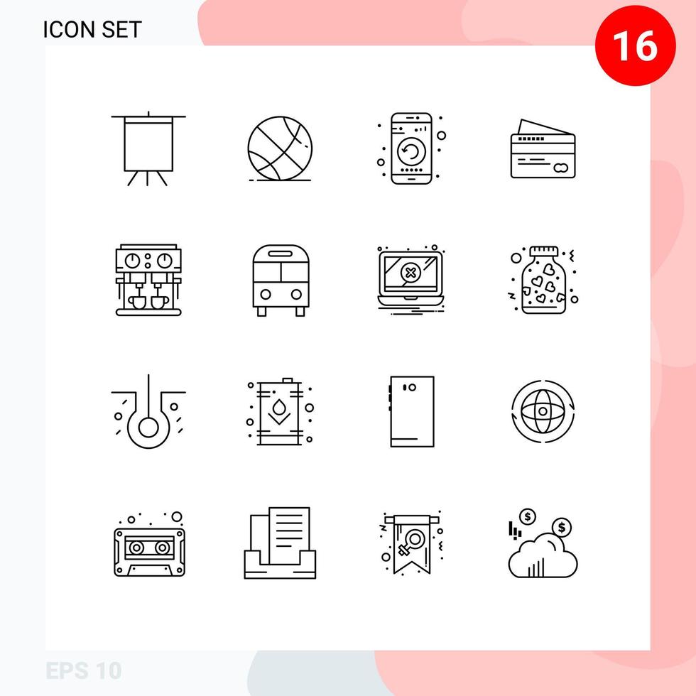 Modern Set of 16 Outlines Pictograph of machine coffee mobile pay credit Editable Vector Design Elements