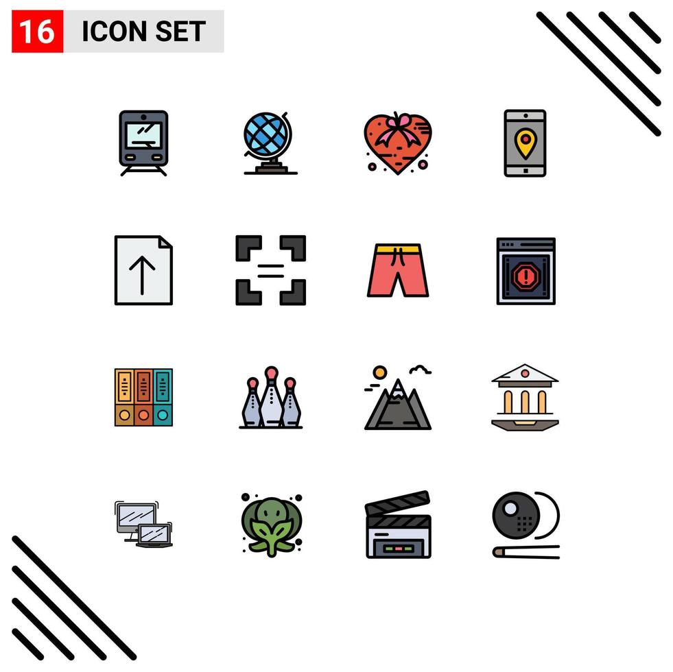 Pack of 16 creative Flat Color Filled Lines of document location love mobile application application Editable Creative Vector Design Elements