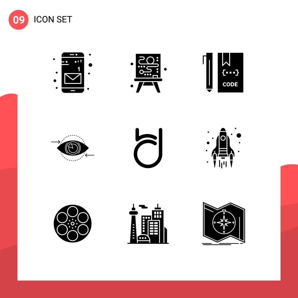9 Thematic Vector Solid Glyphs and Editable Symbols of coin plan develop vision eye Editable Vector Design Elements