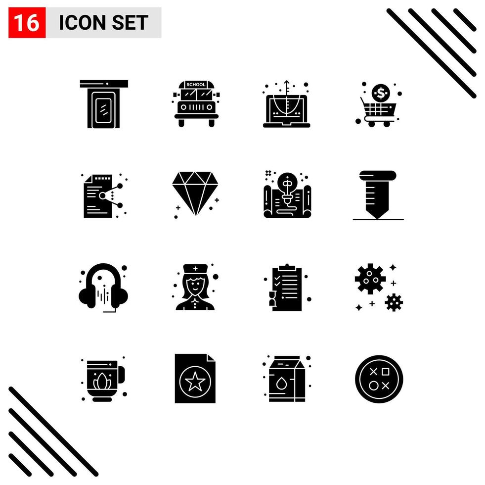 Group of 16 Modern Solid Glyphs Set for document share computer shopping cart Editable Vector Design Elements