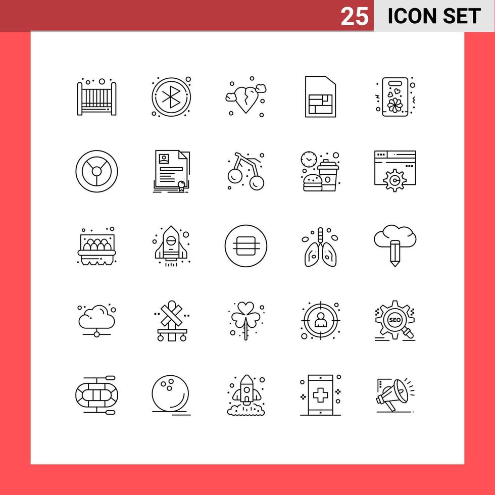 Pictogram Set of 25 Simple Lines of wheel love heart gift sim card Editable Vector Design Elements