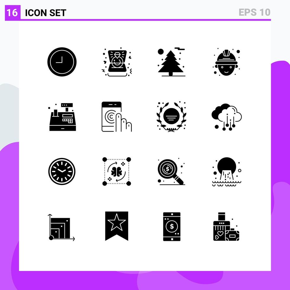 Editable Vector Line Pack of 16 Simple Solid Glyphs of contact shopping tree register cash Editable Vector Design Elements
