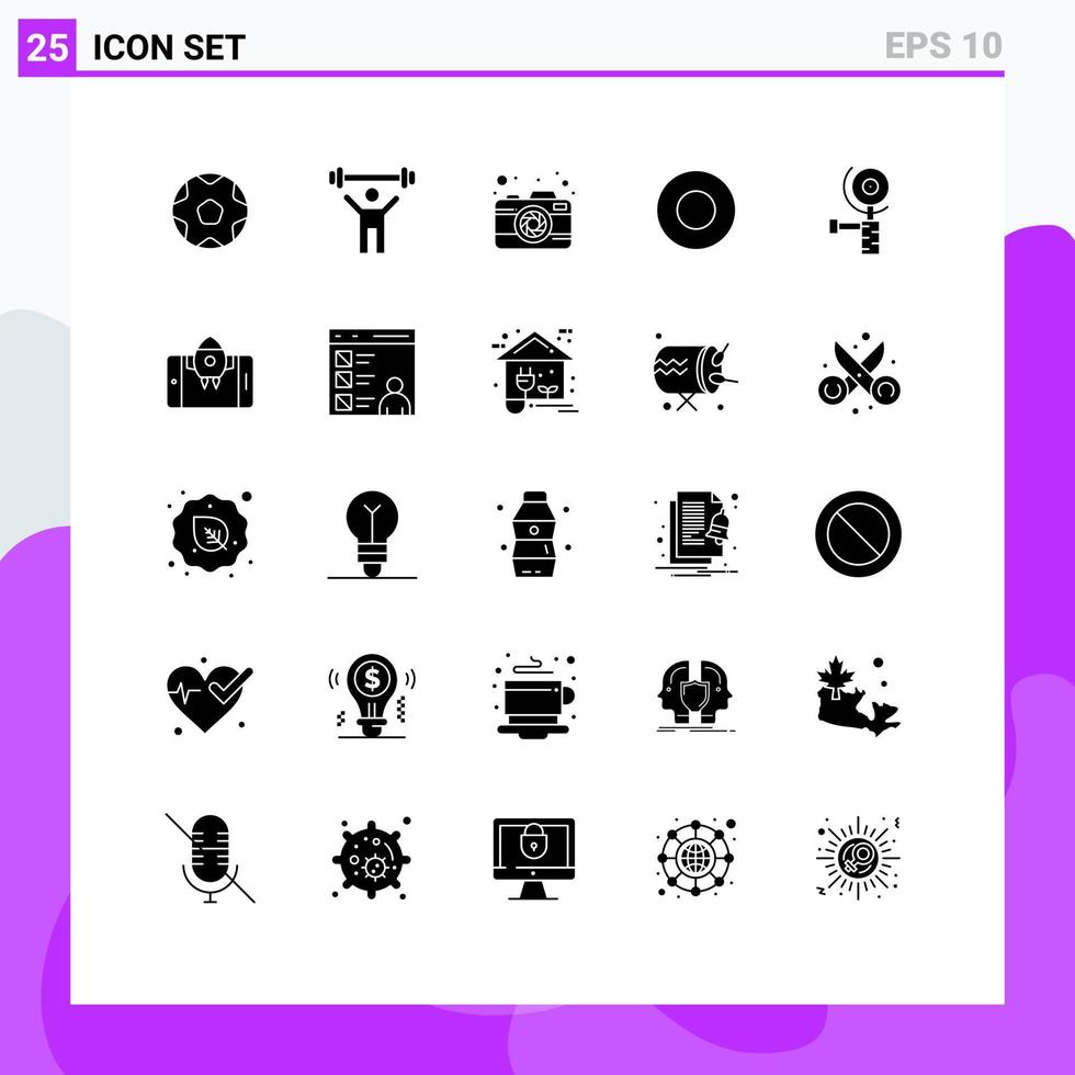 25 Thematic Vector Solid Glyphs and Editable Symbols of grinding construction camera service dish Editable Vector Design Elements