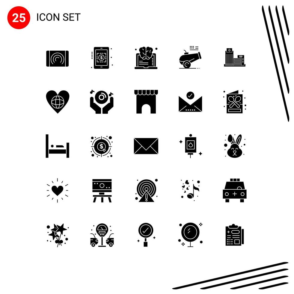 User Interface Pack of 25 Basic Solid Glyphs of real building learning mortar cannon Editable Vector Design Elements