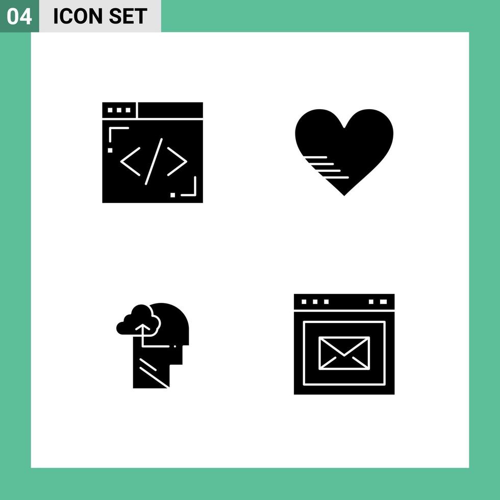 Set of 4 Modern UI Icons Symbols Signs for coding mind heart favorite browser Editable Vector Design Elements