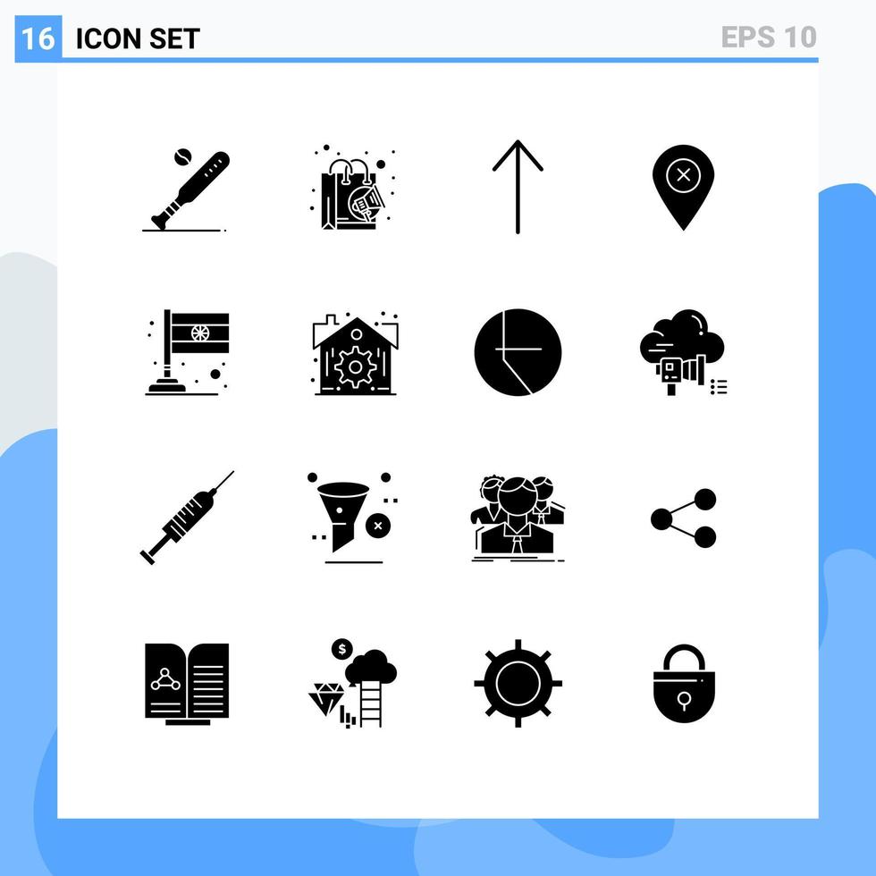 conjunto de glifos sólidos de interfaz móvil de 16 pictogramas de elementos de diseño de vectores editables del mapa de alfileres de compras del país de la india