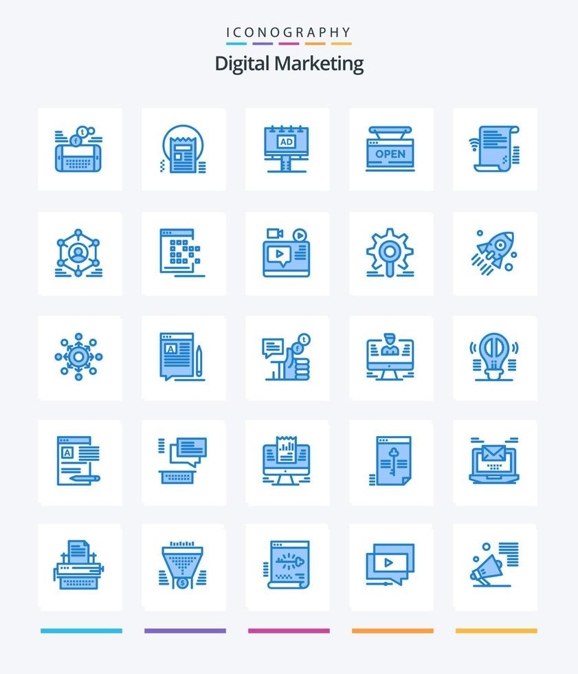 Creative Digital Marketing 25 Blue icon pack  Such As store. open. news. advertisment. banner vector