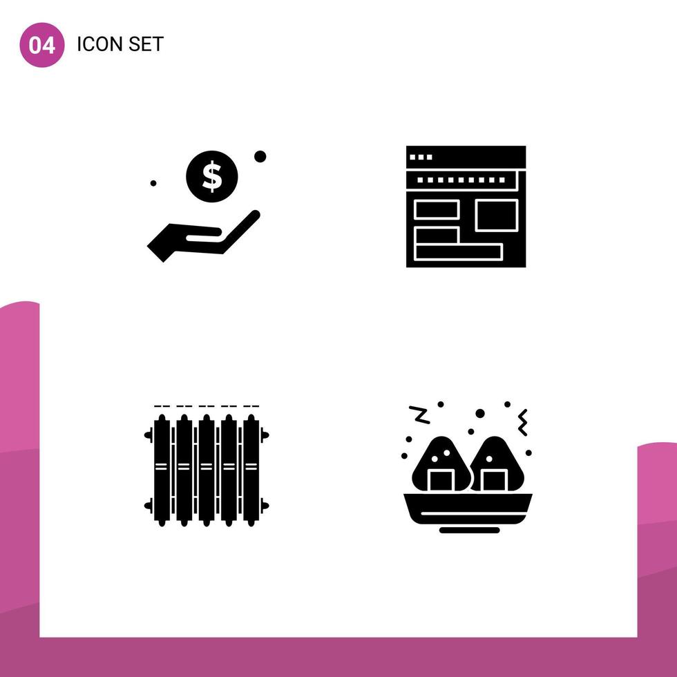 4 Solid Glyph concept for Websites Mobile and Apps dollar page charity browser webpage Editable Vector Design Elements