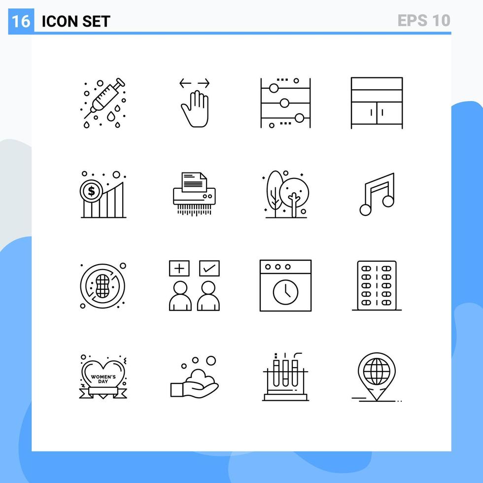 Pack of 16 creative Outlines of interior cupboard zoom out cabinet counting Editable Vector Design Elements