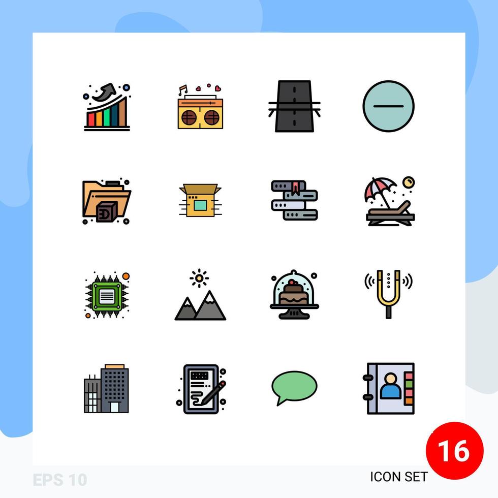 Editable Vector Line Pack of 16 Simple Flat Color Filled Lines of folder hide bridge delete highway Editable Creative Vector Design Elements