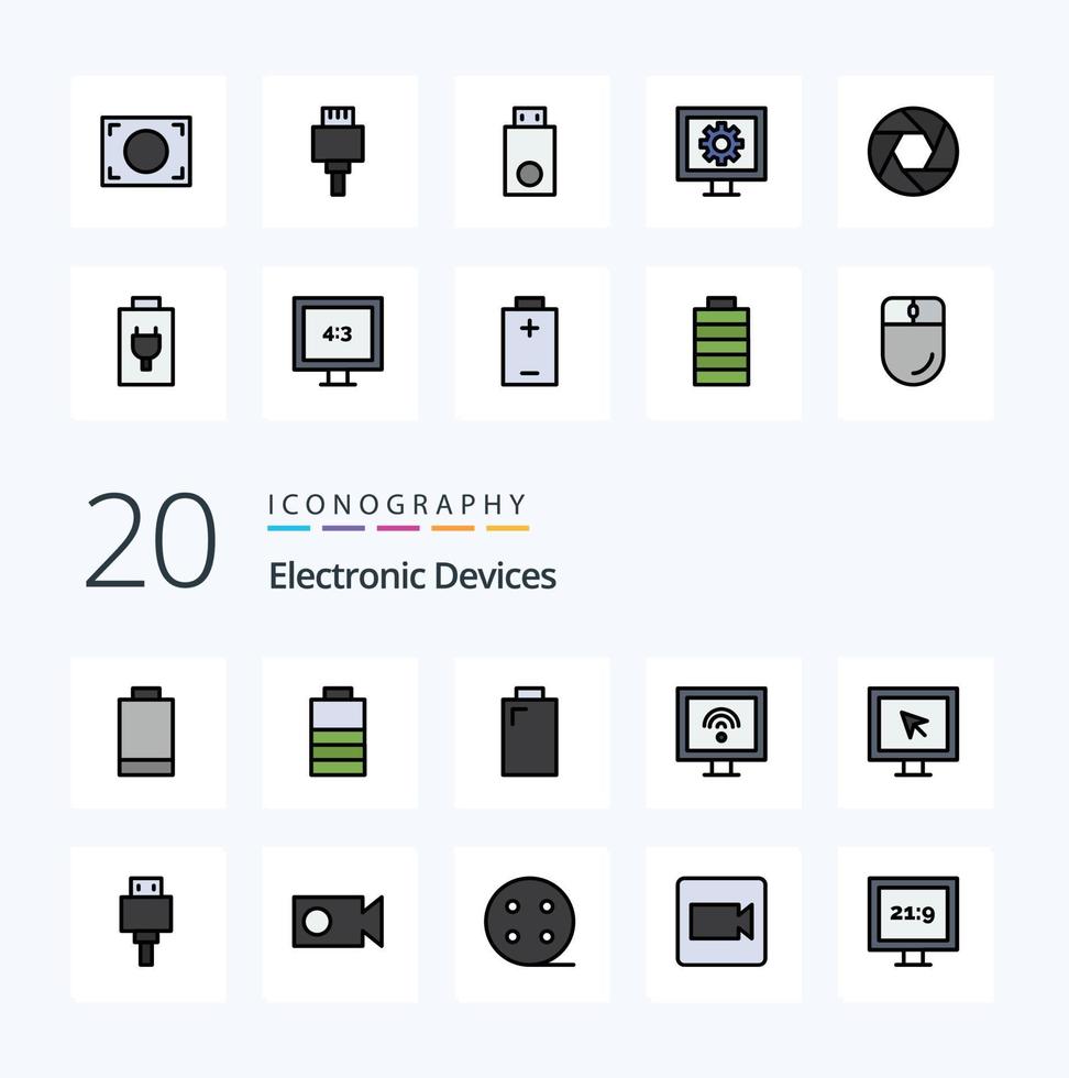 20 Devices Line Filled Color icon Pack like cable frame file focus record vector