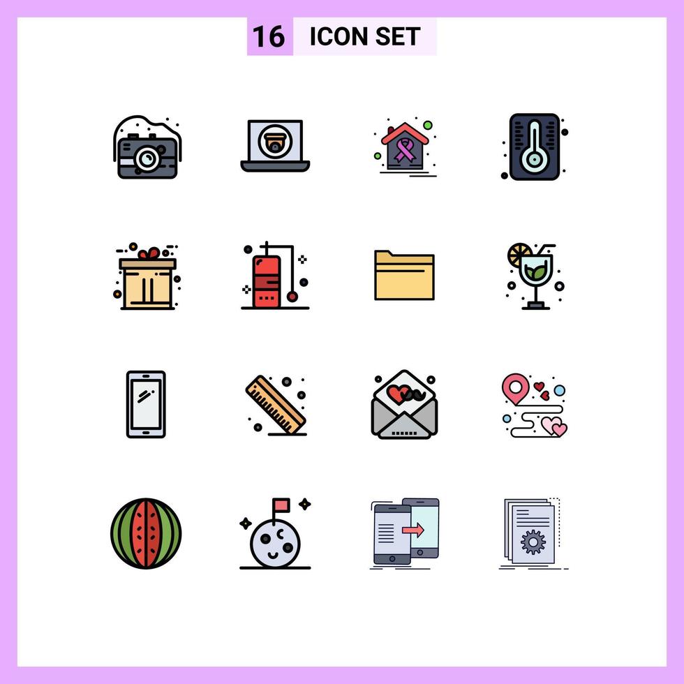 User Interface Pack of 16 Basic Flat Color Filled Lines of commerce thermometer world day temperature house Editable Creative Vector Design Elements