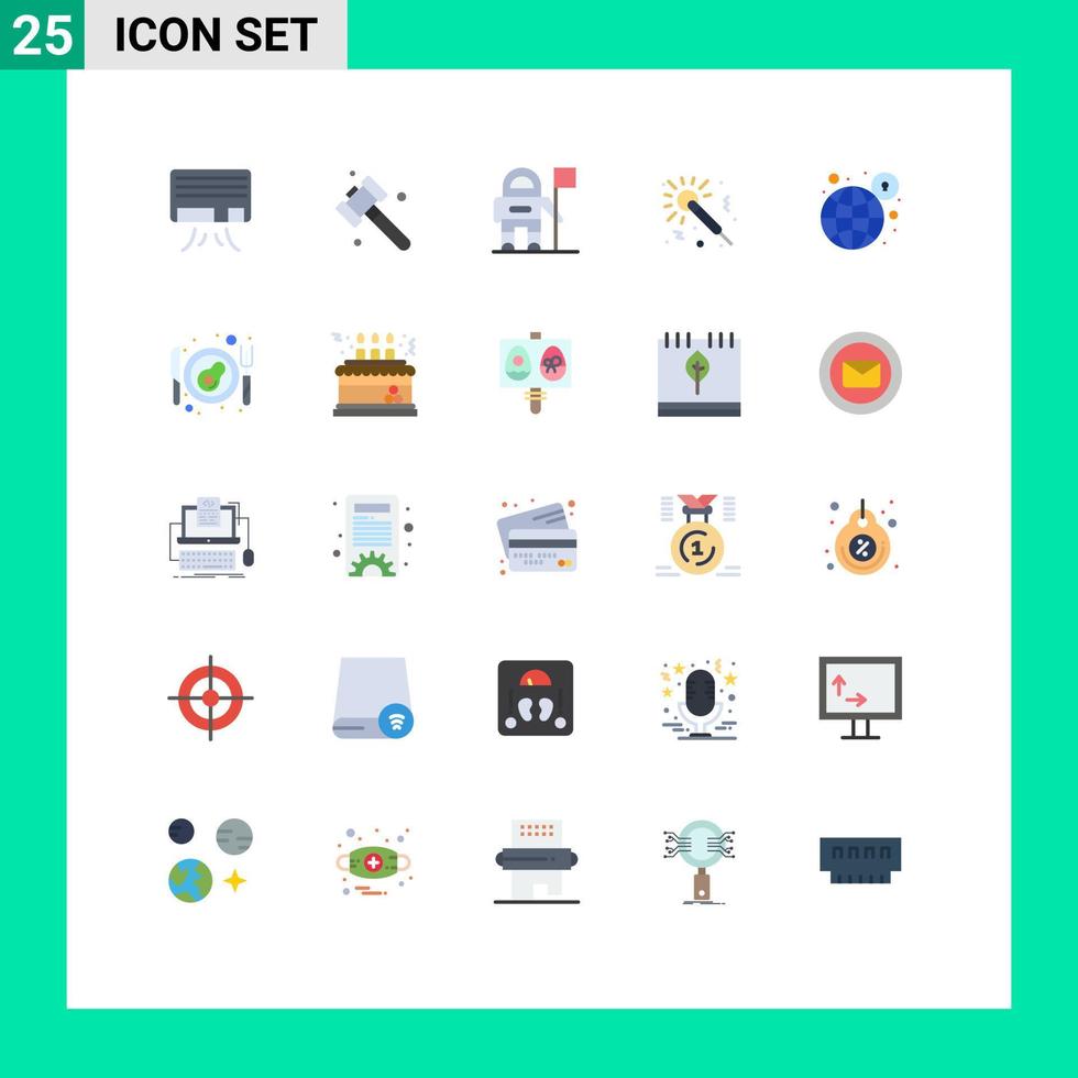 25 Universal Flat Color Signs Symbols of security padlock flag lock night Editable Vector Design Elements