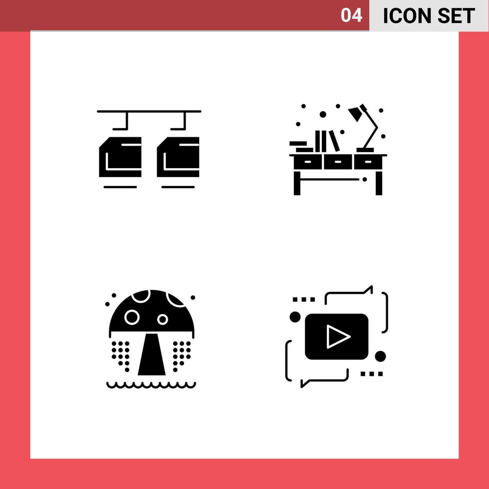 4 Universal Solid Glyphs Set for Web and Mobile Applications cable water vehicles table mushroom Editable Vector Design Elements