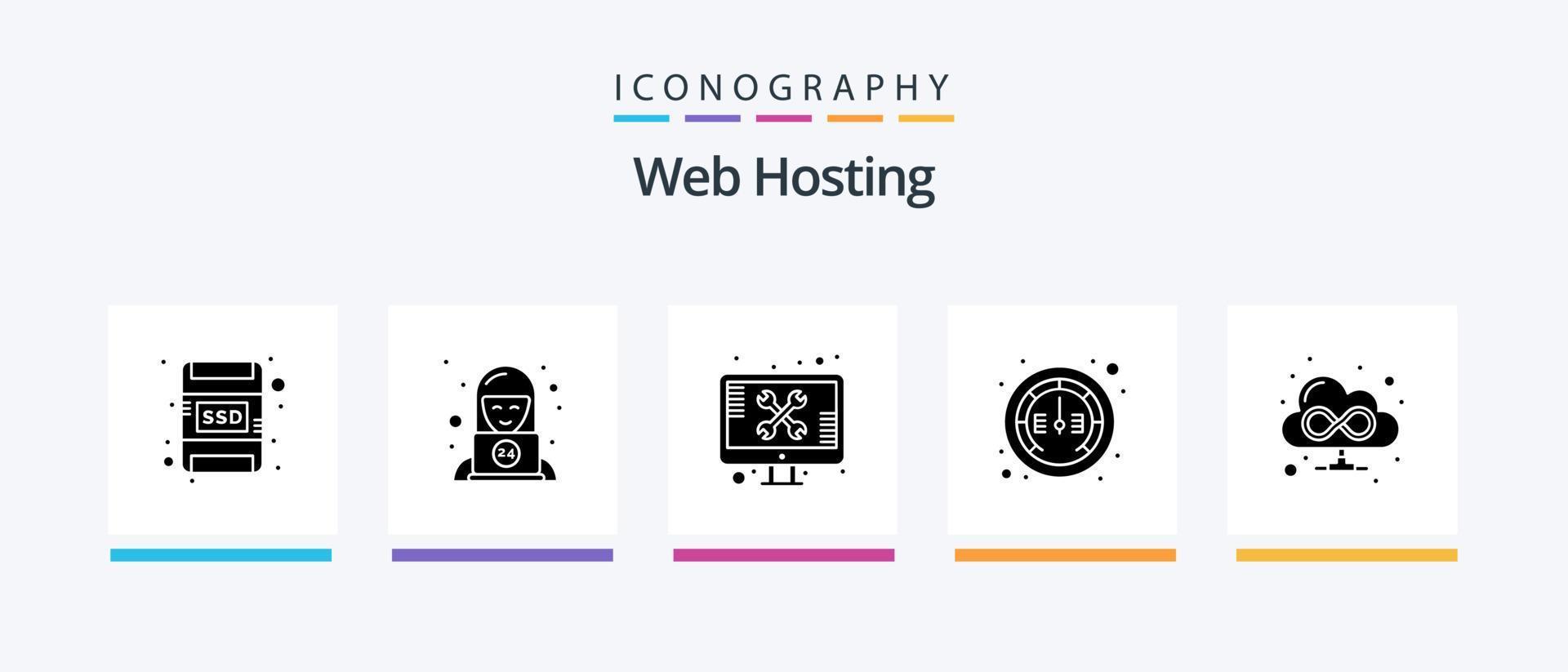 Web Hosting Glyph 5 Icon Pack Including cloud. speed. screen. meter. gauge. Creative Icons Design vector