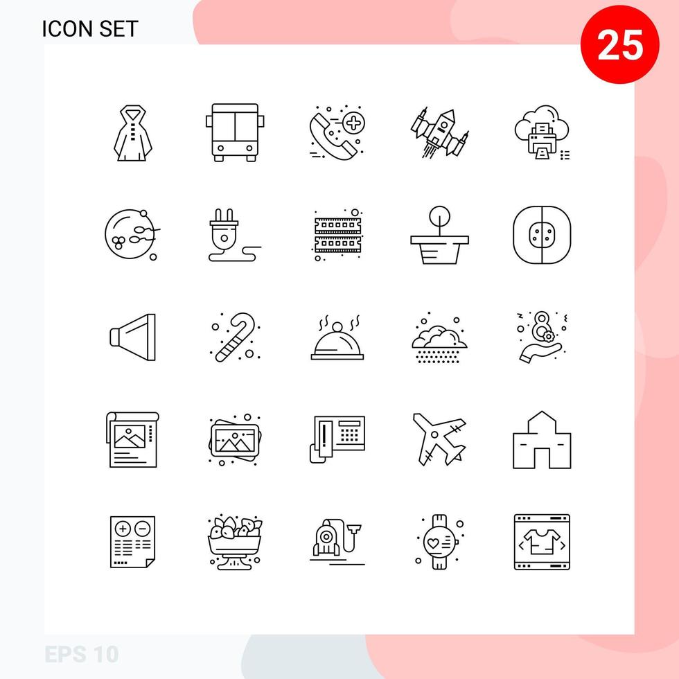 Mobile Interface Line Set of 25 Pictograms of print cloud emergency alien ship Editable Vector Design Elements