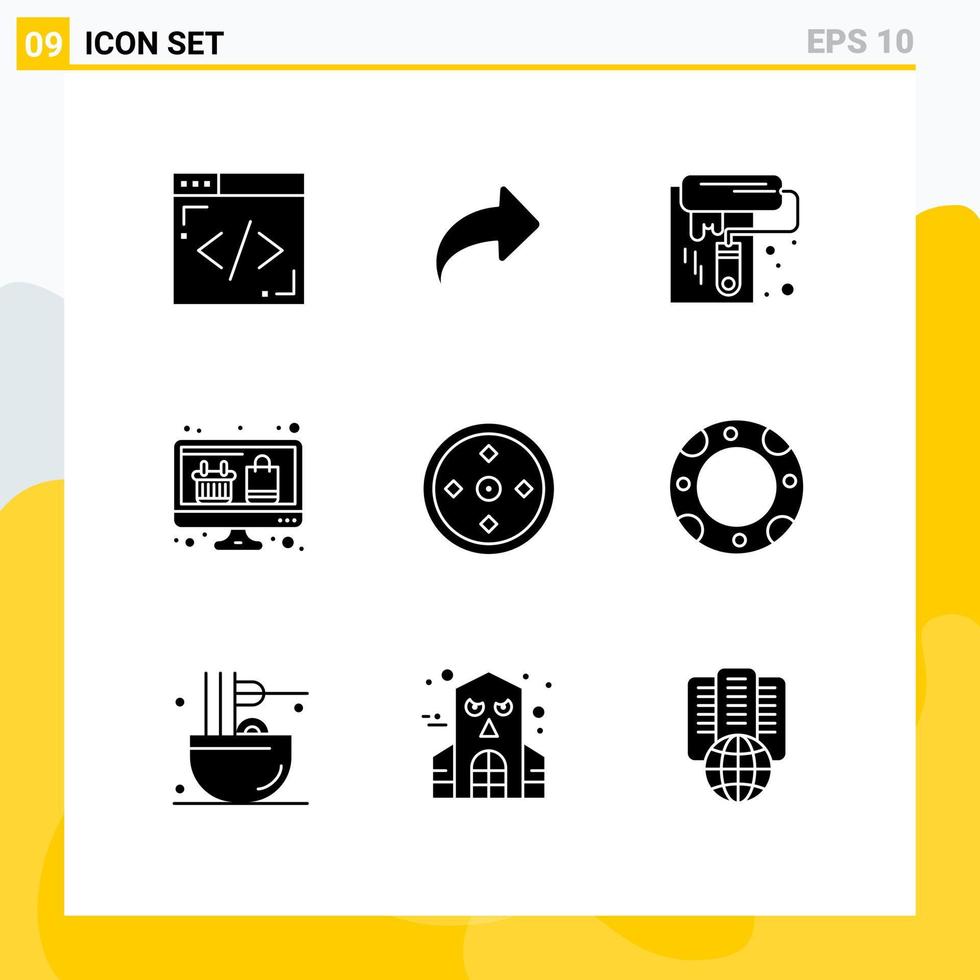 paquete de 9 signos y símbolos de glifos sólidos modernos para medios de impresión web, como pintura de enfoque deportivo, visualización de compras en línea, elementos de diseño de vectores editables