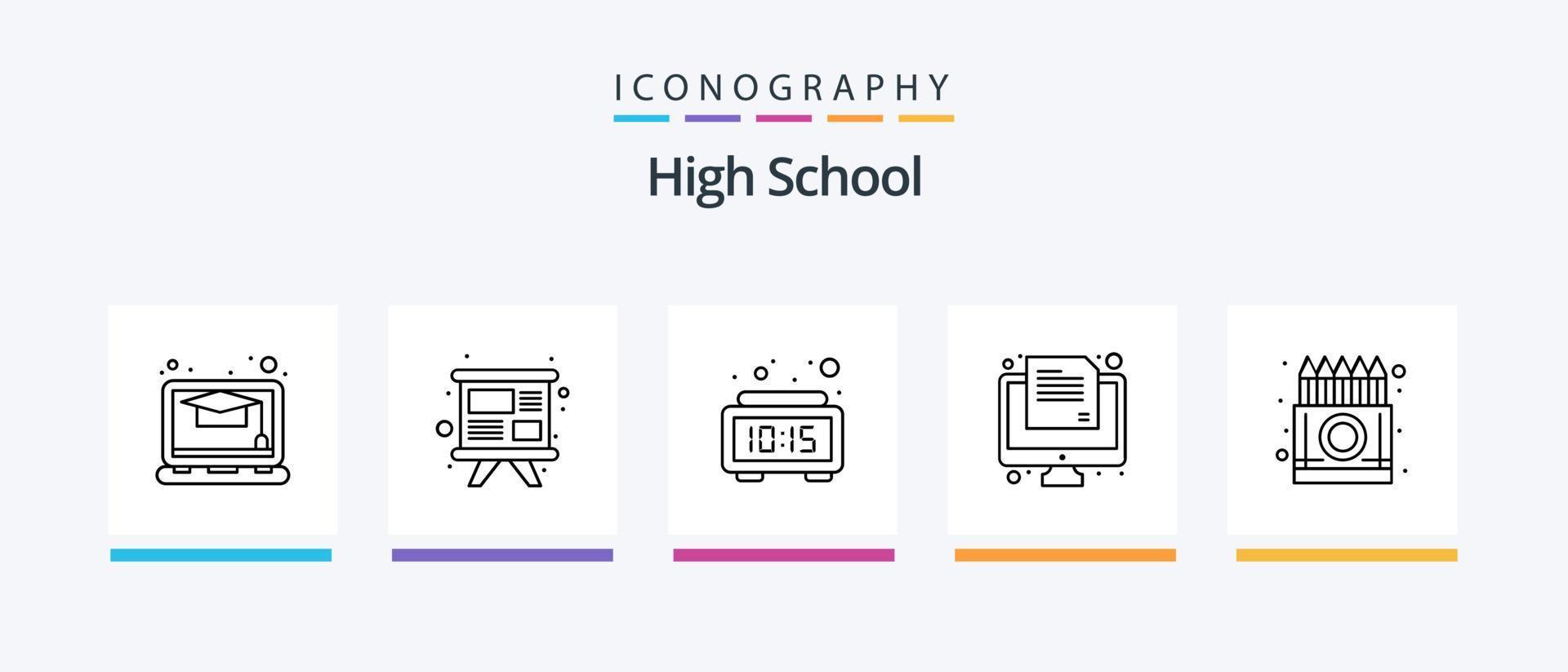High School Line 5 Icon Pack Including learning. list. computer. study timetable. reading time. Creative Icons Design vector