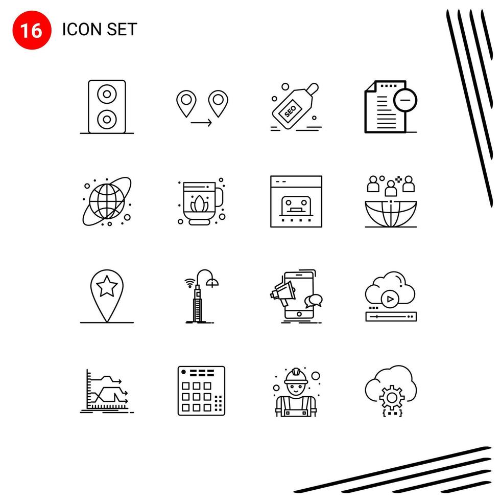 Group of 16 Outlines Signs and Symbols for sauna earth globe offer circular grid office Editable Vector Design Elements